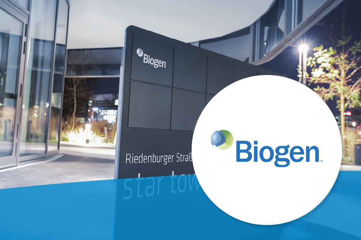Eingangsbereich Unternehmen Biogen und Logo Biogen