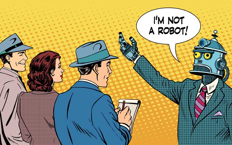 Comic Artwork. 3 Personen, die einen Roboter mit künstlicher Intelligenz interviewen.